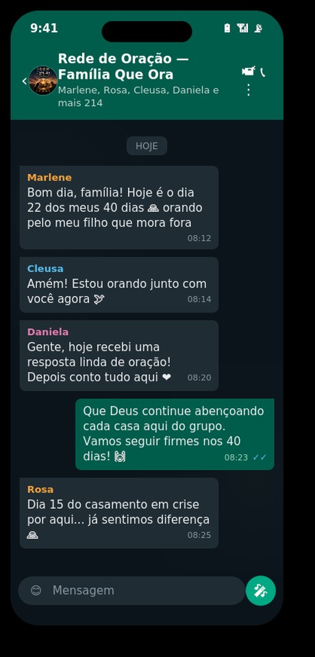 Celular aberto no grupo de WhatsApp Rede de Oração — Família Que Ora